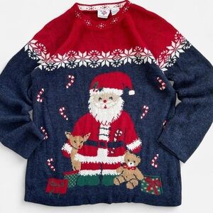 Vintage Nutcracker Red Blue Knit Santa Reindeer Teddy Bear Christmas Sweater